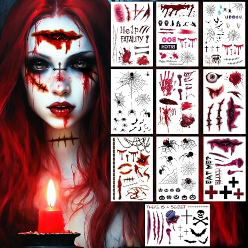 Halloween Tattoo Gesicht,10 Blatt Halloween Narben,Zombie Tattoos | Spinnen Fledermaus Tattoo Gesicht,Teufel Zombie Vampir Hexe Gruselig Gesichtstattoo,für halloween und Karneval Schminke