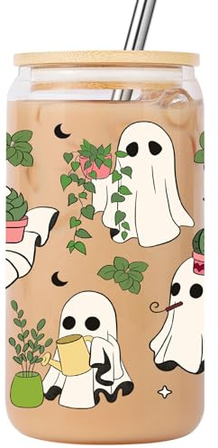 Lovearth Cute Ghost Plant Glass Cup w/Lid & Straw, 16 oz Iced Coffee Cup, Spooky Gardening Gifts, Halloween Gifts for Plant Lovers, Gardeners, Boo Basket Stuffers for Women, Men, Adults, Teen Girls
