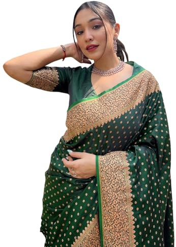 Sugathari Banarasi Kanchipuram - Sari da donna in seta kanchipuram, tradizionale per matrimoni e feste, con blusa, sari etnico indiano di seta per spose e feste (KS-102), Verde, taglia unica