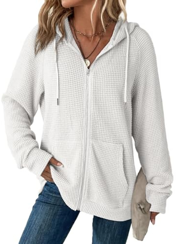 Dokotoo Womens Sweatshirt White Fall Solid Color Hoodies Oversized Full Zip Up Hoodie Long Sleeve Ladies Waffle Knit Hooded Sweatshirts Pockets Jacket Coat for Women Teen Girls Fashion 2026 Casual L