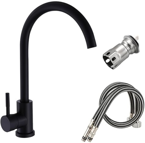 BAIFULAI Wasserhahn Küche Schwarz aus Edelstahl, Küchenarmatur mit 60cm Zulaufschlauch, Mischbatterie Küche, 360° drehbar, Einhebelmischer Küche, Spültischarmatur Küche, G3/8 Anschluss