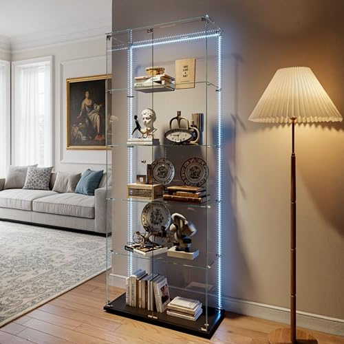 Glasvitrine Standvitrine Schwarze mit LED und Glastüren,5-stöckige 186.5 * 34.5 * 78.5cm rahmenlose Vollsicht Vitrine,höhenverstellbare Glasböden - Vitrinenschrank für Wohnzimmer, Büro,Buch,Schwarz B