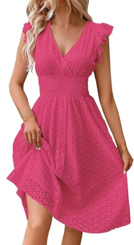 MOKBAY Robe Dentelle Femme Chic Col V Robe Mi Longue Chic Et Elegant sans Manche Soiree Robes Femme Et Elegant
