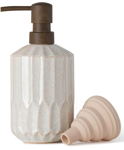 Ceramic Soap Dispenser, 450ml Refillable Pump Bottle for Bathroom Kitchen | Geometric fluted ceramic design,wood-effect pump,silicone funnel,easy refill for bathrooms,kitchens,countertops,utility rooms