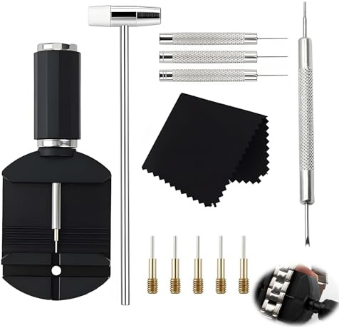 12 Stück Uhrenarmband Reparatur Werkzeug Set, Uhrenwerkzeug Stiftausdrücker Uhrmacherwerkzeug Set Uhr Glieder Entfernen Kit mit Uhrenarmbänder Kürzen Uhrenstifte Hämmer Federstege Tuch putzen