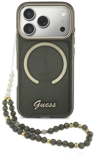 CG MOBILE Guess IML Glitzernder Schriftzug-Riemen kompatibel mit MagSafe Hülle für iPhone 17 Pro (Schwarz)