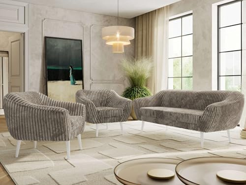 MKS MEBLE Sofagarnitur PIRS 3 + 1 + 1 - Couchgarnitur im skandinavischen Design, Gesteppte Polsterung, Wellenfederung, Wohnzimmer Sofa Set - Weiße Beine, Hellbraun Cord