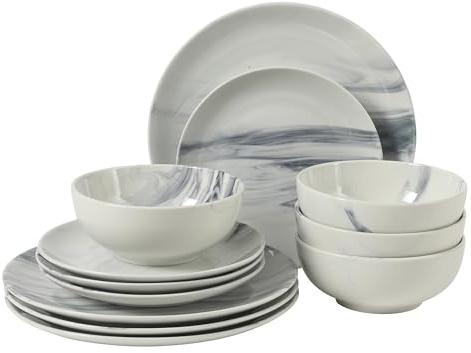Gibson Home Cloudlight 12 Piece Plates and Bowls Dishes Blue and White - Decorated Porcelain Ceramic Dinnerware Set - Service for 4
