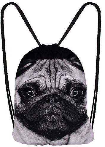 Hanessa Jutebeutel mit Mops im Vollbild Tier Aufdruck Sportbeutel Tüte Rucksack Beutel Tasche Gym Bag Gymsack Hipster Fashion Sport-Tasche Einkaufs-Tasche