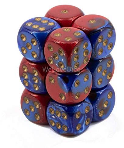 Chessex Gemini 16mm d6 with pips Dice Blocks (12 Dice) - Blue-Red w/Gold