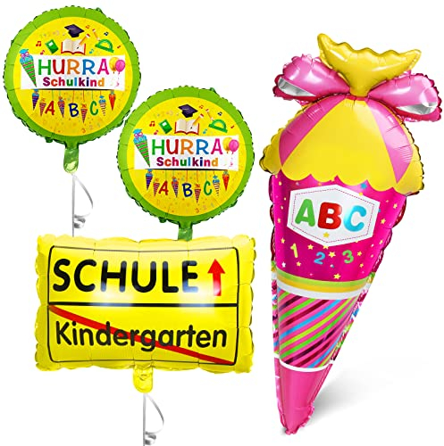 Einschulung Deko Mädchen Rosa, Zuckertüten Folienballon + SCHULE Kindergarten Ballon + 2 HURRA Schulkind Folien Ballons, Deko für Einschulung Schuleinführung Schulanfang Schulstart Schule für Mädchen