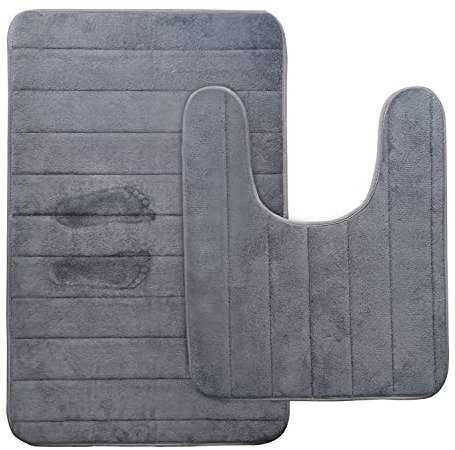 BIKHYY Memory Foam Bathroom Mats 2 Piece Sets Non Slip Bathtub and Toilet Pedestal Mats with Water Absorbent for Bathroom Memory Foam Bath Mat 50 x 80 cm and 50 x 60 cm (Dark Grey)