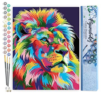 Figured'Art Peinture par Numéro Adulte Lion Pop Art 2 - Activité Manuelle Kit de Loisir Créatif DIY Numéro d'Art Complet - 40x50cm sans châssis en bois