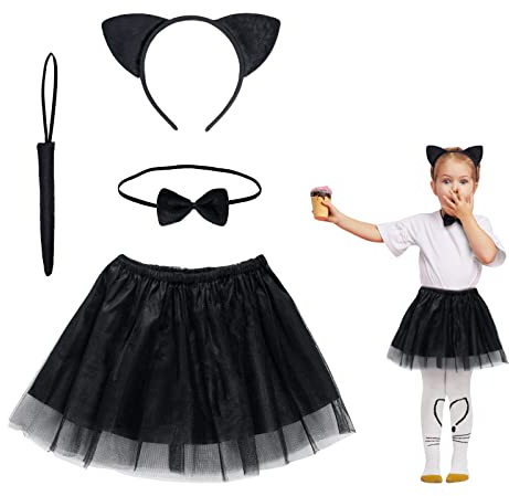 Fennoral 4pcs Costume da Gatto Nero Bambina Costume Gatto per Bambini Kit Travestimento Gatto Gattina Cosplay Orecchie da Gatto Fascia Papillon Coda tutù per Bambina Halloween Imitazione Festa Regalo