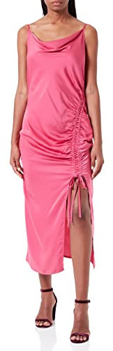 Pretty Dalring Vestido Midi con Abertura Alta y Cuello drapeado y cordón Fruncido, Color Rosa Fucsia cóctel, 36-38 para Mujer