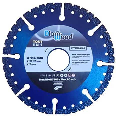 DIAMWOOD - Disque Diamant Multi-Usage pour Tout Type de Matériaux | Lame Diamantée à Tronçonner | Meuleuse Disqueuse | ⌀ 115 mm | Alésage 22,23 mm | Béton, Cuivre, Brique, Pierre, Tuile, Bois ou PVC