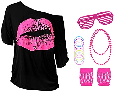 Aomig 80er 90er Jahre Outfit Damen, 5PCS Faschingskostüme Mit T-Shirt, Stirnband, Ohrring, Halskette, Brille - Set Für Frauen Kleidung Neon Party Karneval (XXL)