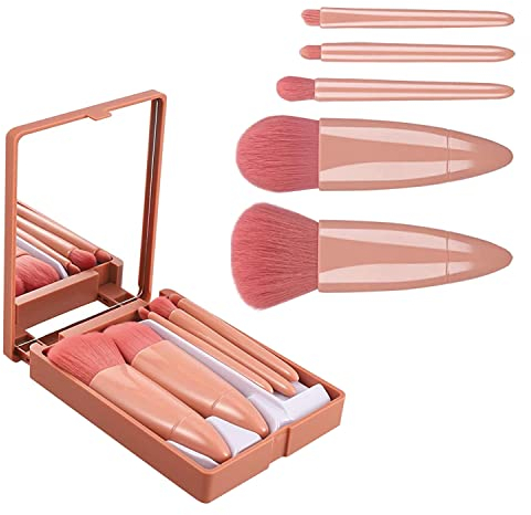 REEKNOKOL Lot de 5 pinceaux de maquillage avec boîte miroir, pinceaux de maquillage doux pinceau de maquillage cosmétique pinceaux de maquillage pour voyage quotidien fond de teint en poudre (rose)