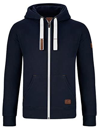 GYMAMBA Warme Sweatjacke Herren mit Lederpatches, Kapuze und durchgängigem Reißverschluss dunkelblau/weiß