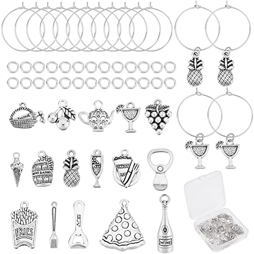 SUNNYCLUE 1 Box 16 Stück 16 Stile Weinglas Charm Ringe Bulk Food Wein Charms Silber Glasmacher Identifikation Edelstahl Kelch Glasanhänger Ringe Verkostung Party Dekoration Liefert Weinbevorzugungen