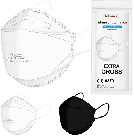 TubeRoo FFP2 Maske großer Kopf weiß Fischform 5 Stück Masken, CE zertifiziert, Versand aus Deutschland, weiche Ohrschlaufen Bänder Atemschutzmaske