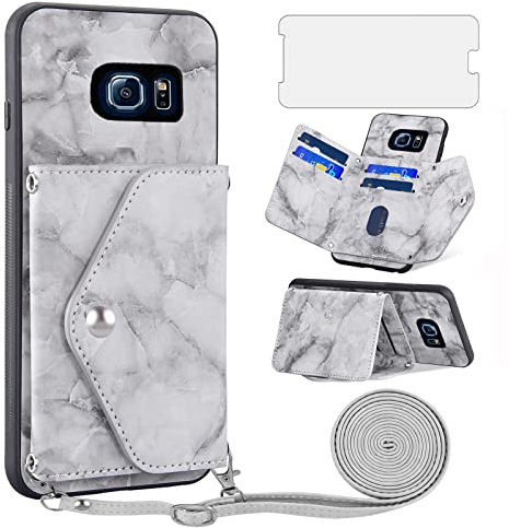 Asuwish Handyhülle für Samsung Galaxy S6 Hülle mit Band und Glas Folie Schutzfolie Kartenfach Klappbar Kette Leder Geldbörse Ständer S 6 6S SM-G920F Handy Hüllen Schutzhülle Schutzglas Phone Case Grau