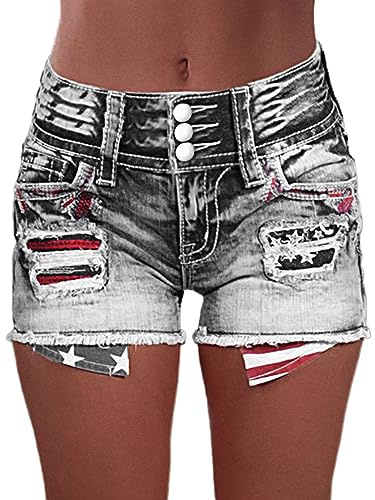 Flamingals Distressed Jean Shorts for Women High Waist American Flag Button Fly Raw Hem Denim Shorts, Grey, S