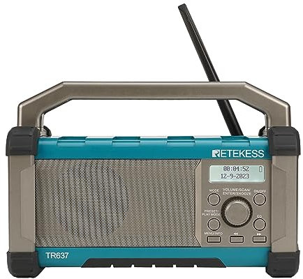 Retekess TR637 Baustellenradio, Arbeitsradio mit Bluetooth AM FM, eingebauter wiederaufladbarer Akku, 4 C-Batterien oder AC, IP54 wasserdicht, unterstützt USB, Preset Station, EQ