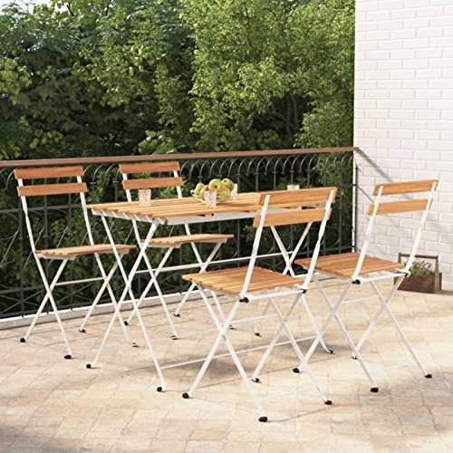 Homgoday Bistro-Set, zusammenklappbar, 5-teilig, aus massivem Akazienholz und Stahl, Gartenmöbel, Tisch und Stühle für den Außenbereich, Set, Gartenmöbel-Set