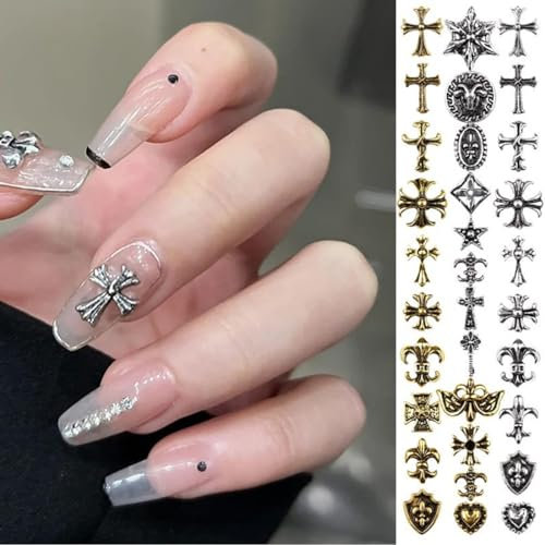 50 Pcs Chrome Hearts Nail Charm, Metal Punk Nail Decorations, Retro Cross Shape Nail Decoration, 3D Nail Art Accessories, Nail Decorations for Manicure Nail Art Craft DIY
