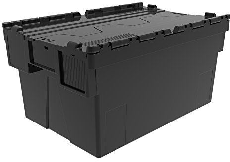 Heavy Duty 100% Recycled Plastic 56 Litre Attached Lidded Container Storage Box Totes (60 x 40 x 31cm) Black - Pack of 10