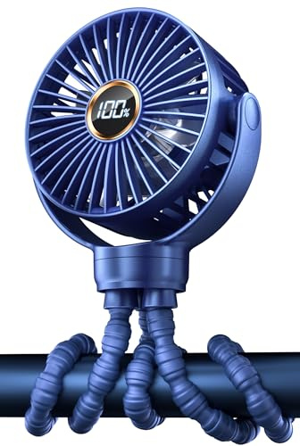 KIDEE Ventilador portátil para cochecito, mini ventilador de bebé con clip, pantalla LED, trípode flexible giratorio de 360°, ventilador de escritorio pequeño personal recargable para asiento de