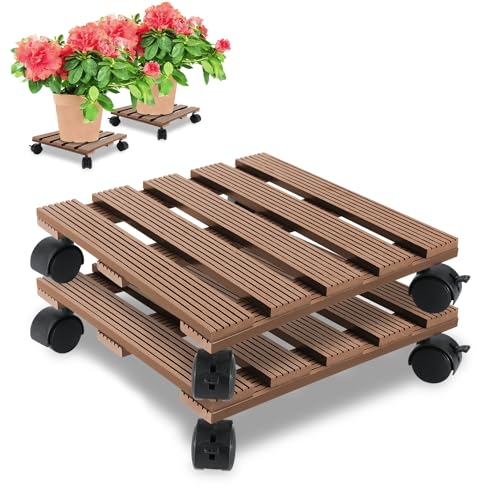 Ikodm 2X WPC Pflanzenroller Eckig 30 x 30 cm|Blumenroller mit Rollen, Rolluntersetzer Tragkraft 80 kg|Kübelroller für den Innen- und Außenbereich|Rollbrett für Pflanzen, Blumentopf (Braun)
