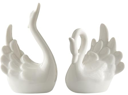 2 Stück Schwan Skulptur Deko, Paar Keramik Schwan Deko Figuren für Deko Wohnzimmer Modern, Tischdekoration, Hochzeit Geschenke (Weiß)