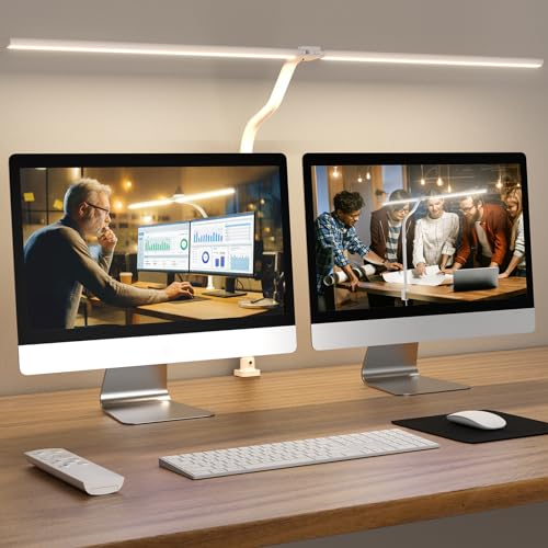 APMIEK Doppelkopf Schreibtischlampe LED Dimmbar, 24W 25 Beleuchtungsmodi, Klemmbar Tageslichtlampe Schreibtisch Lampe, Schwanenhals Büro Tischlampe, Augenschutz Monitor Lampe, Weiß