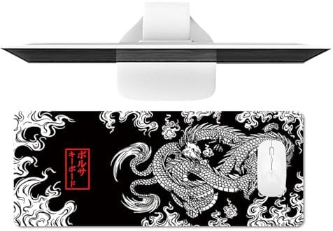 TIMSEKER Tapis de Souris Grand Motif Dragon Noir et Blanc, 80 x 30 cm, Tapis de Souris XL Rouge Japonais pour Ordinateur et Jeux vidéo