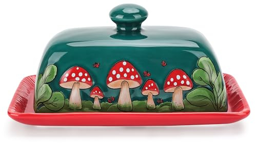 Fungi Fun Mushroom Butter Dish With Lid – Cute Cottagecore Ceramic Storage Container, Vintage French Covered Tray, Boho Farmhouse Kitchen Decor Gift, Unique Countertop Holder (Dark Green, Standard)
