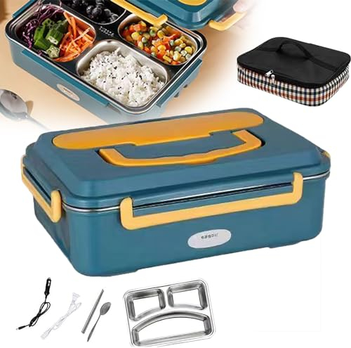 PLABNK 80W Electric Heated Lunch Box,1.2L/ 4 Grid Partition, Waterless Heating, Sealing/Hidden Handle, Stainless Steel Detachable+ Easy Clean, for Car/Trucks Drivers,Jasper