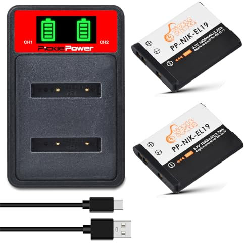 Pickle Power 2Pcs EN-EL19 Battery and Type-C Charger for Nikon Coolpix W150 A100 S33 S6900 S3700 S2800 S3600 S6800 S4400 S6600 S6500 S2700 S3200 S3300 S6400 S4200 S2600 S3100 S3400 S3500 S4100