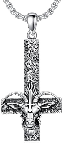 ROMANTICWORK Satanische Kette 925 Sterling Silber Baphomet Ziegenkopf Umgedrehter Kreuz Anhänger Satan Satanischer Schmuck Geschenke für Damen Herren