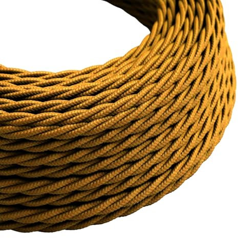 DC Voltage 3 Core Twisted Electrical Cable - 2m Antique Fabric Cloth Covered Braided Wire with 6.5ft/10ft Flex Options - Gold