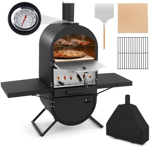 COSTWAY Four à Pizza au Feu de Bois Extérieur, Grill à Pizza avec Pierre à Pizza de 31 cm Pelle à Pizza Grille de Cuisso Thermomètre Etagères Latérales, Housse en Tissu Oxford pour Barbecue