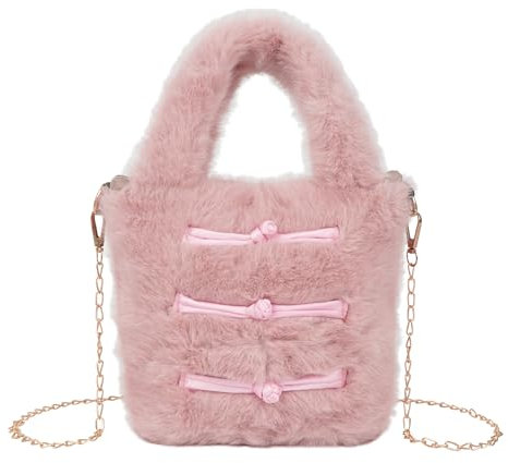 Meliyya Damen Fellimitat Schultertasche Mini Plüsch Umhängetasche Flauschige Handtasche mit Knoten Knöpfe Ketten Plüsch Griff, Rosa