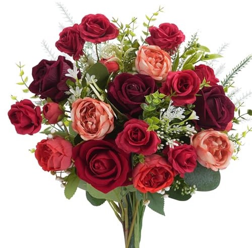 Luabue Bouquet di Fiori Artificiali Realistici Rossi Rose Artificiali Rosse con Lavanda ed Eucalipto Fiori Finti in Seta per San Valentino Festa Della Mamma Decorazione per Matrimonio