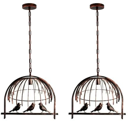 LEDSone Moderne Vogelkäfig-Pendelleuchte, rustikaler roter Metall-Lampenschirm, E27-Sockel, 49 x 40 cm, 95 cm, verstellbares Kabel, einfache Montage, für Wohnzimmer, Schlafzimmer, Flur, Bar, Café, 2