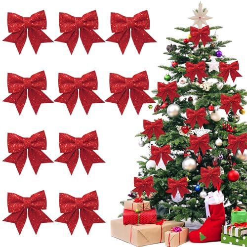 Hyran 10 Stück Schleifen Weihnachtsbaum, Glitzer Weihnachtsschleifen, Rote Schleifen Weihnachten, Geschenkschleifen, Weihnachtsbaum Deko (Rot)