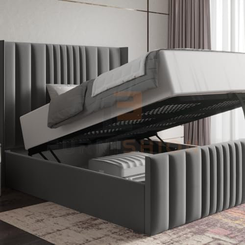 Furnishion King Size Bed Frame with Storage - Grey Velvet Ottoman Bed King Size - Panel Storage Bed Mattress Not Included - 48inch High Headboard
