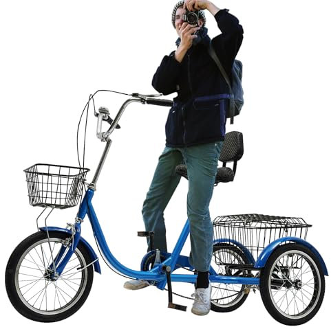TONFEION 16 Zoll Dreirad für Erwachsene, Dreirad Fahrrad Senioren Erwachsene 3 Räder Fahrrad Mit Zwei Korb und Rückenlehne, Laufrad Erwachsene für Einkaufen Reisen (Blau)