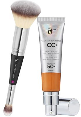 IT Cosmetics, Lot de 2 produits, Crème CC+ Anti-Âge Your Skin But Better, Haute Couvrance, Waterproof, Fini Naturel, 32 ml, Teinte RICH + Heavenly Luxe #7, Pinceau Double Embout