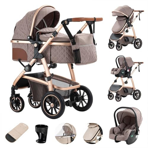 Zkiprm 3 in 1 Kinderwagen, Reisesystem, Babywanne Buggy&Sportsitz, Höhenverstellbare Armlehnen und Kinderwagen mit Aluminiumgestell, Mumientasche/Moskitonetz/Baumwollmatte, für Neugeborene 0-4 Jahre